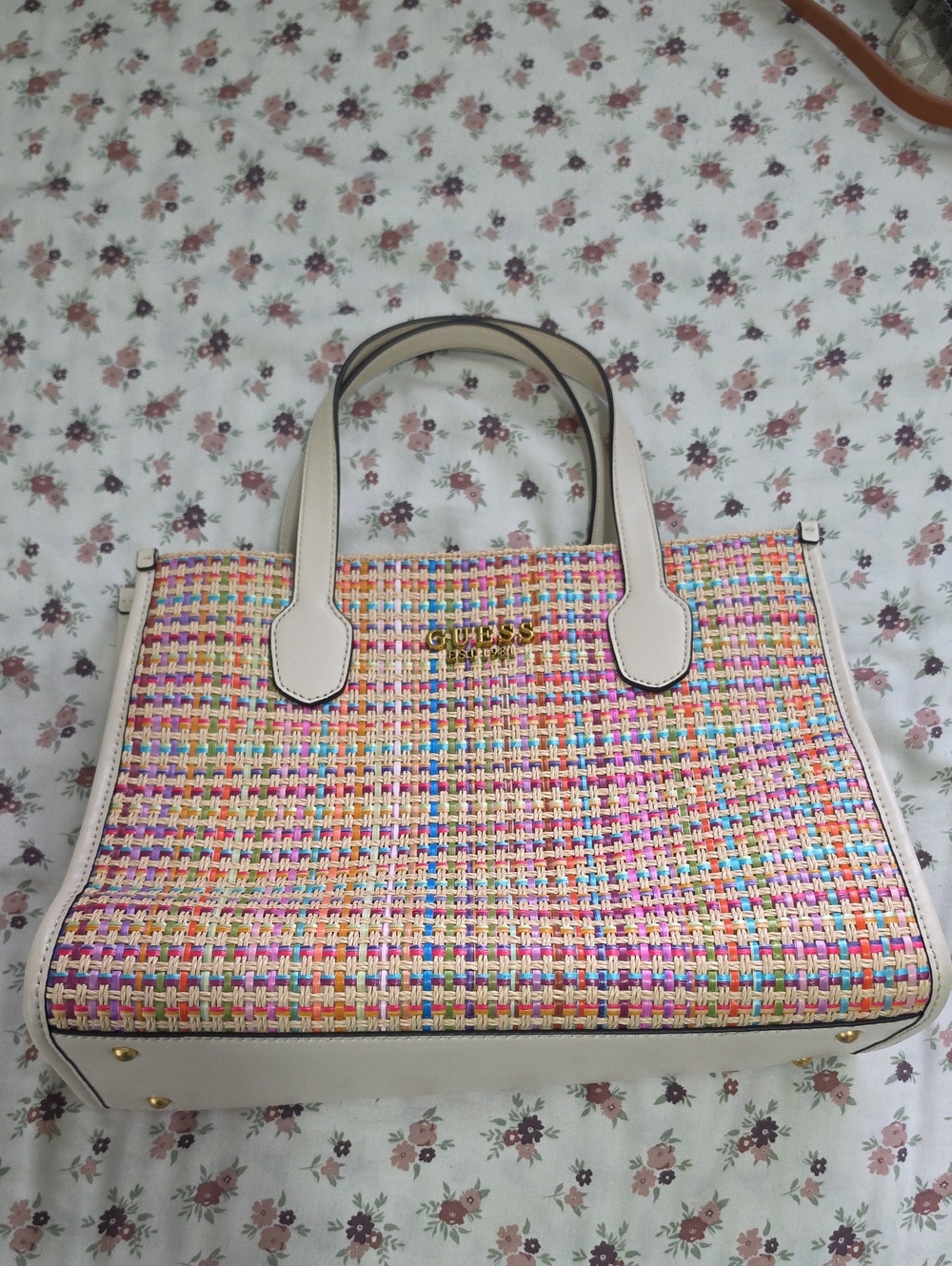 GUESS Multicolor Woven Tote with Cream Trim and Gold Logo